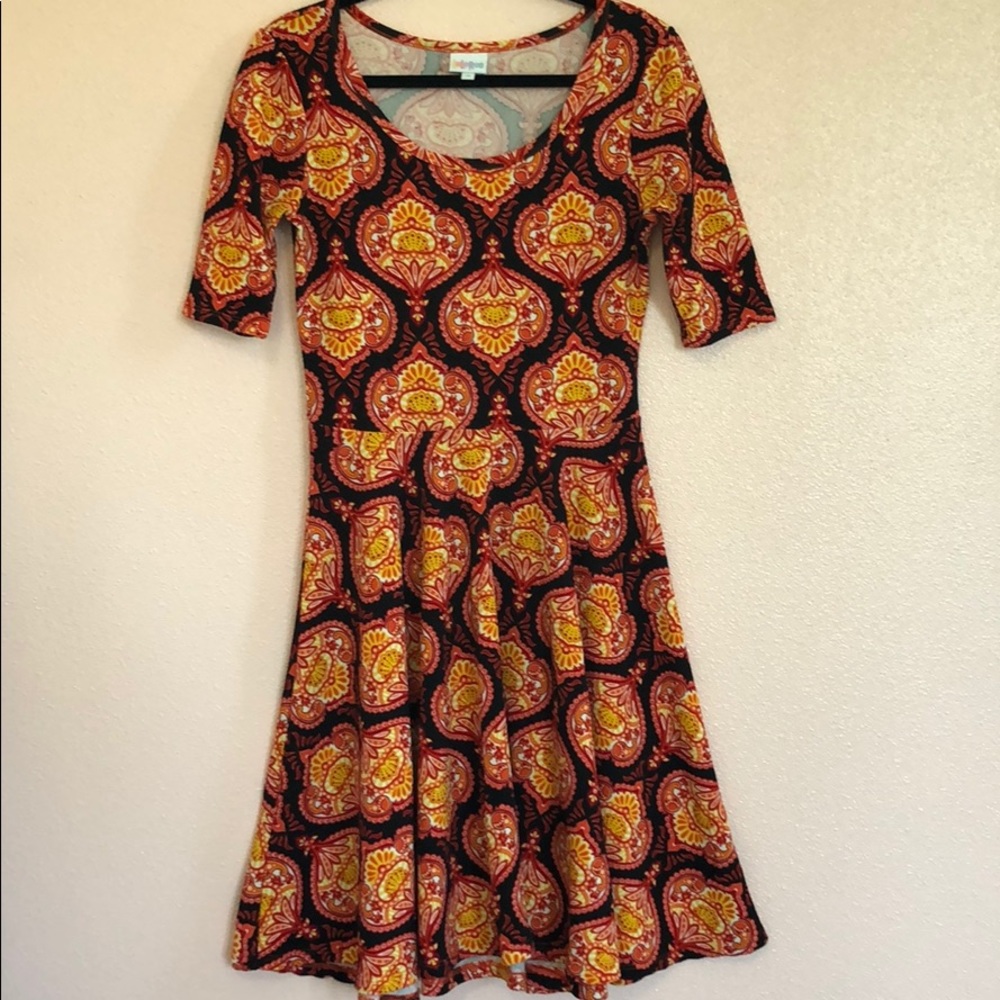 LuLaRoe Nicole Dress, Black and Orange, Size Med